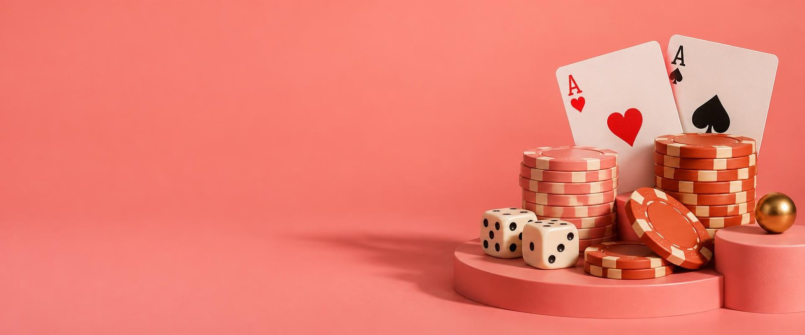 Orange and pink casino chips with playing cards and dice
